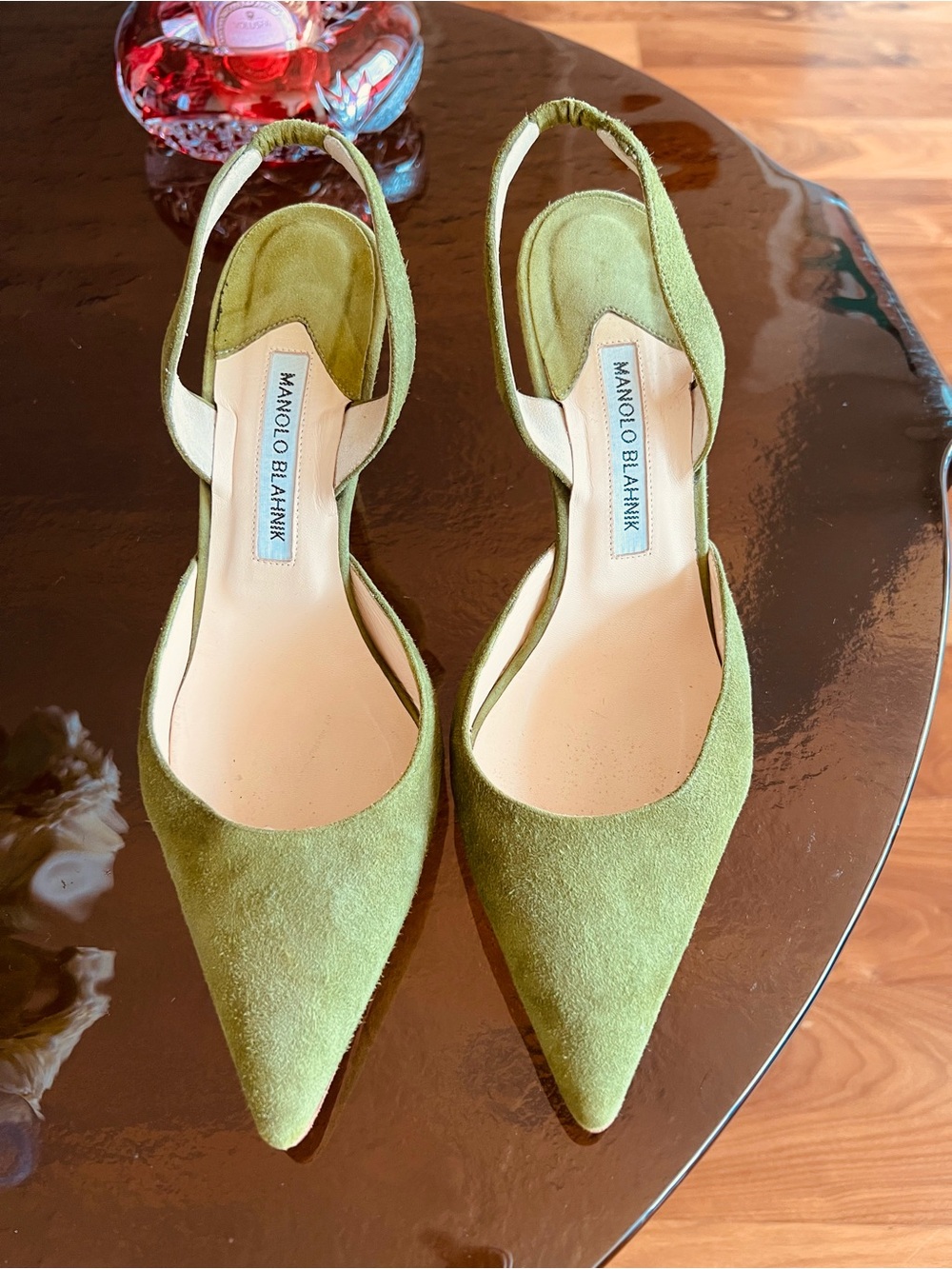 Manolo Blahnik Carolyne Olive Suede Pointed Slingback Mules